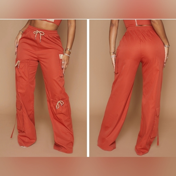 $110 NWT SET OF 2 PrettyLittleThing Shape Rust Top Corset + Wide Cargo Pants 8 - Picture 3 of 11